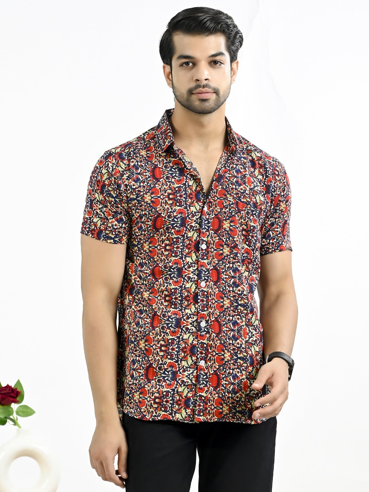 Mens Red Floral Printed Half Sleeve Crepe Shirt