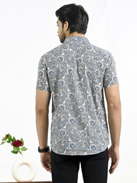 Mens Cream Floral Printed Half Sleeve Crepe Shirt