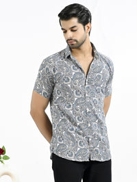 Mens Cream Floral Printed Half Sleeve Crepe Shirt