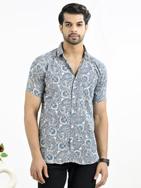 Mens Cream Floral Printed Half Sleeve Crepe Shirt