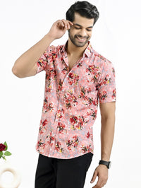 Mens Pink Floral Printed Half Sleeve Crepe Shirt