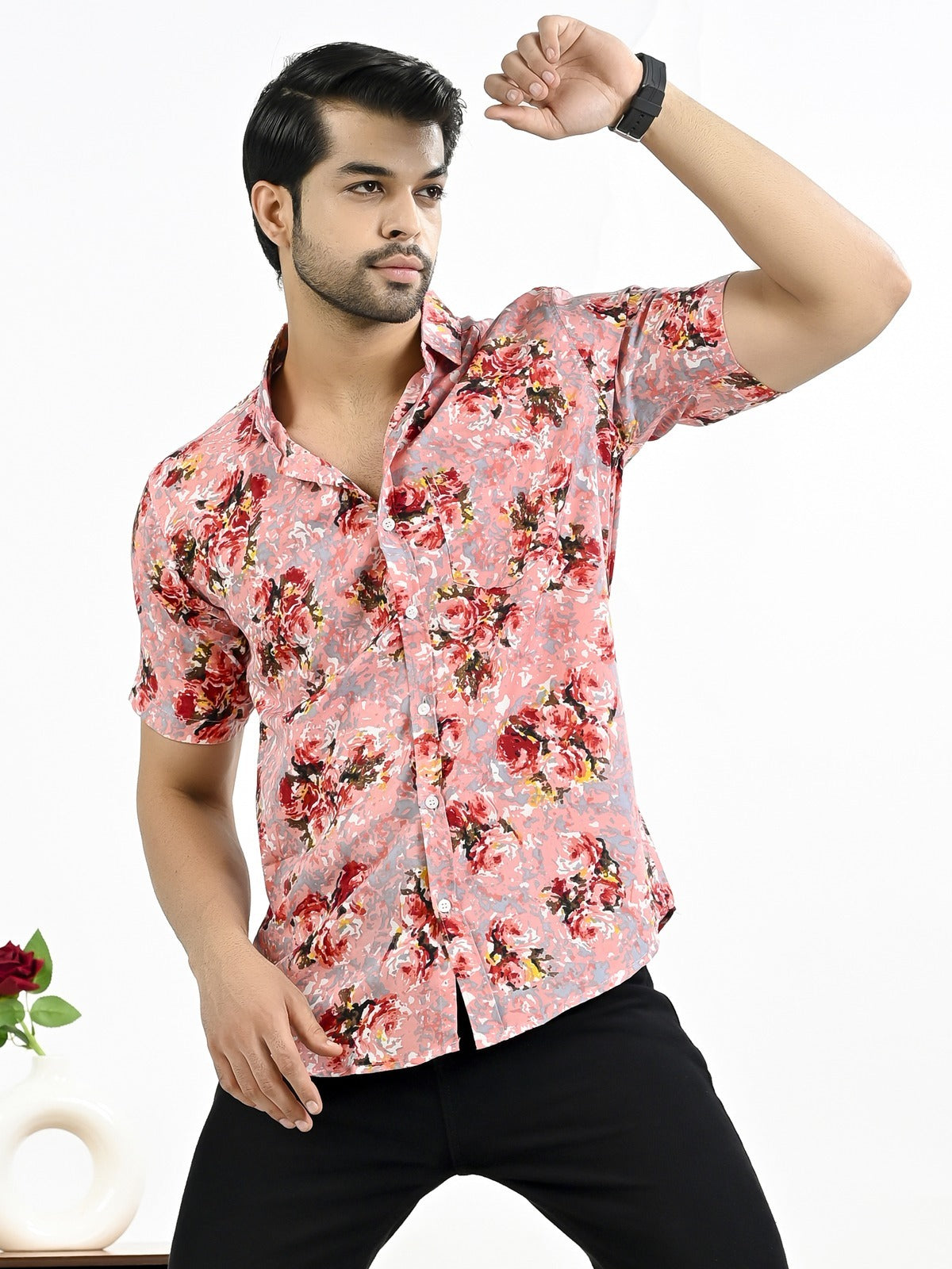 Mens Pink Floral Printed Half Sleeve Crepe Shirt