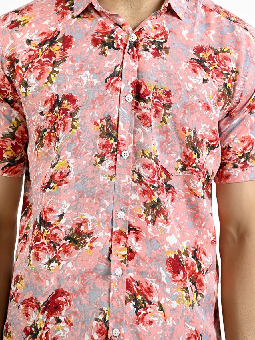 Mens Pink Floral Printed Half Sleeve Crepe Shirt