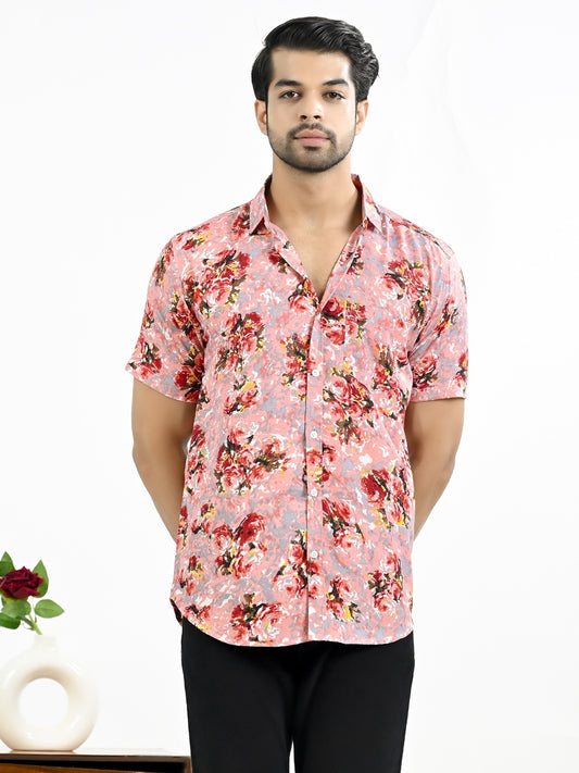 Mens Pink Floral Printed Half Sleeve Crepe Shirt