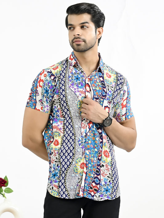 Mens Multicolor Floral Printed Half Sleeve Crepe Shirt