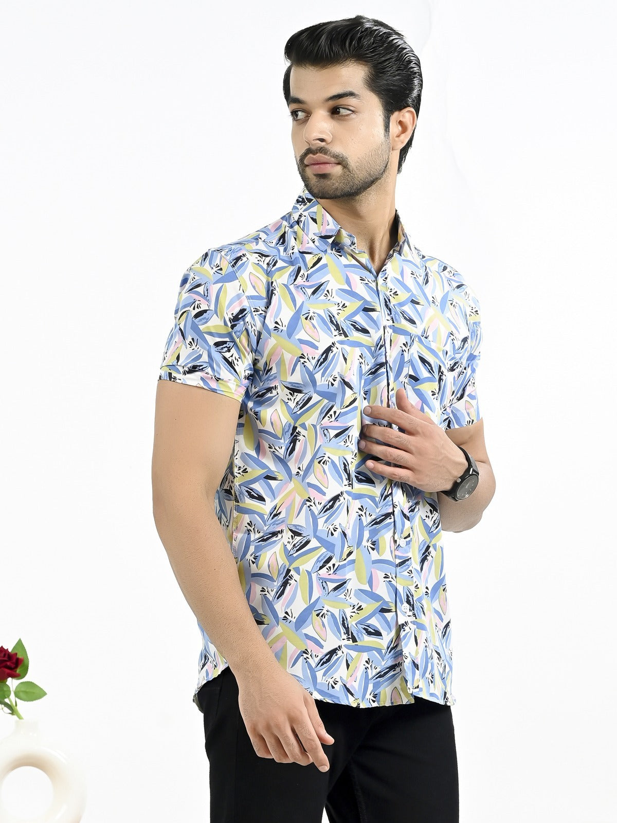 Mens Blue Fur Printed Half Sleeve Crepe Shirt