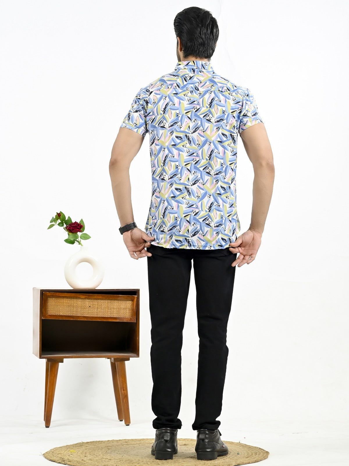 Mens Blue Fur Printed Half Sleeve Crepe Shirt