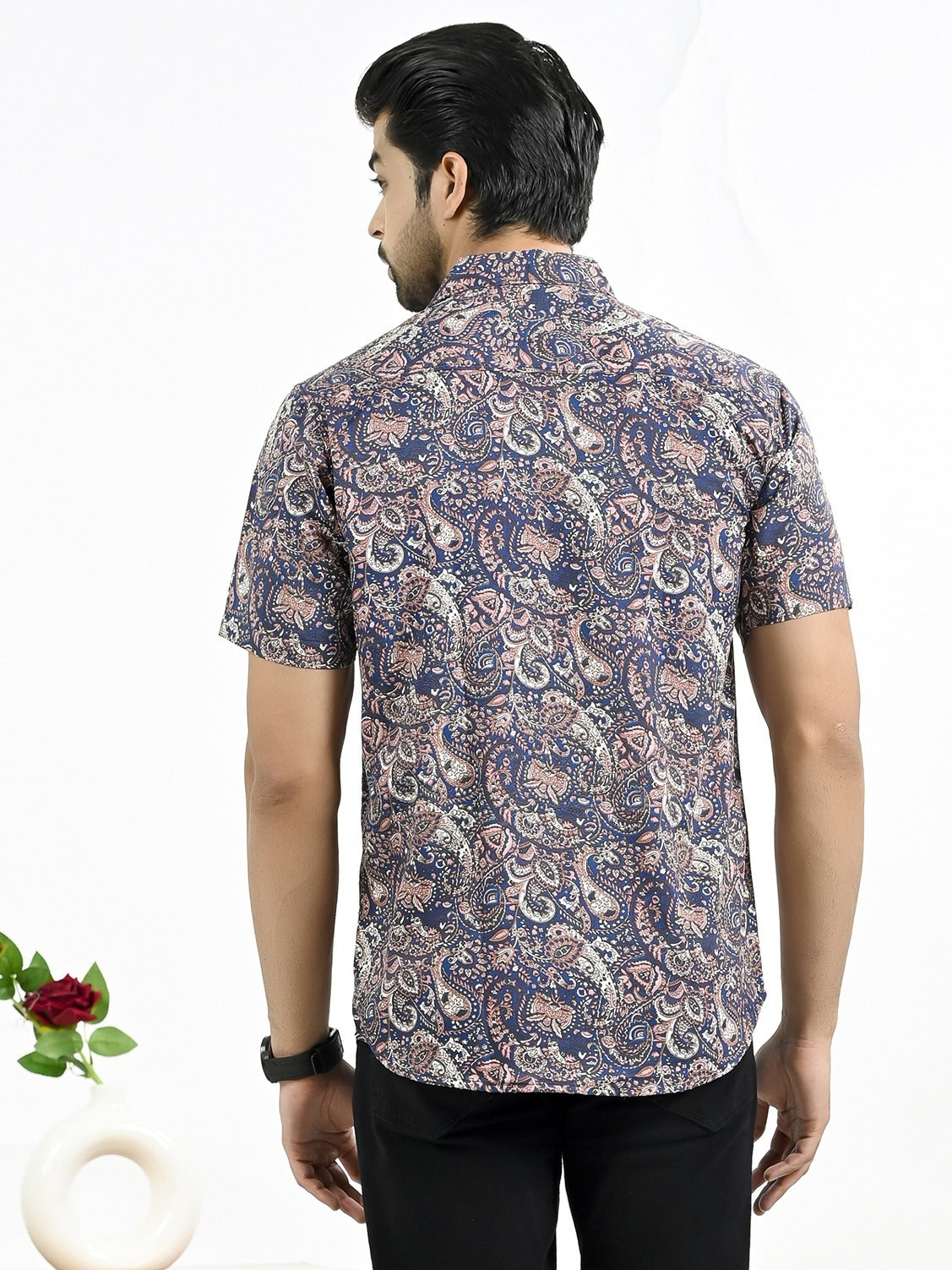 Mens Navy Blue Floral Printed Half Sleeve Crepe Shirt