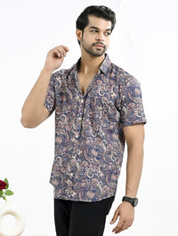 Mens Navy Blue Floral Printed Half Sleeve Crepe Shirt