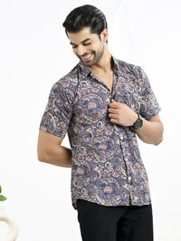 Mens Navy Blue Floral Printed Half Sleeve Crepe Shirt