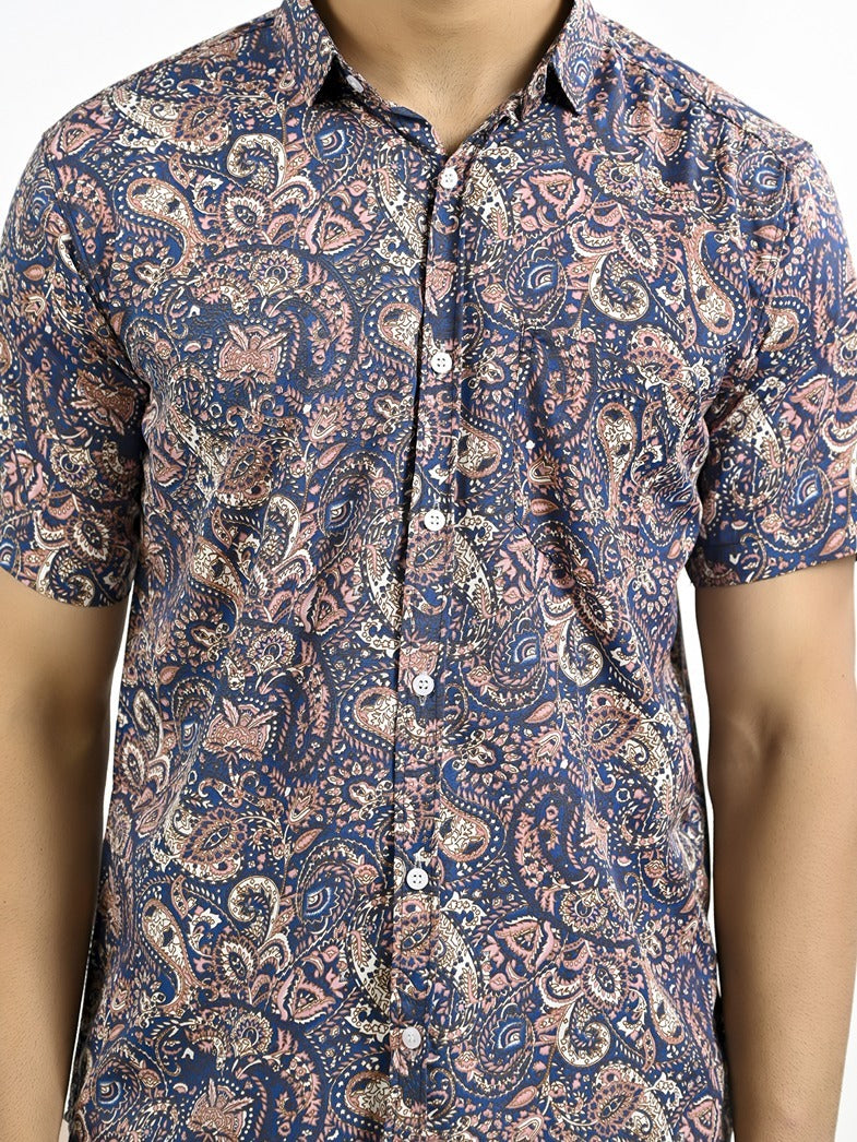 Mens Navy Blue Floral Printed Half Sleeve Crepe Shirt