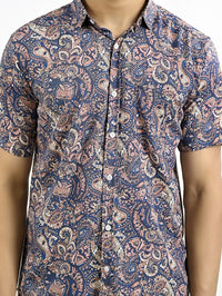 Mens Navy Blue Floral Printed Half Sleeve Crepe Shirt