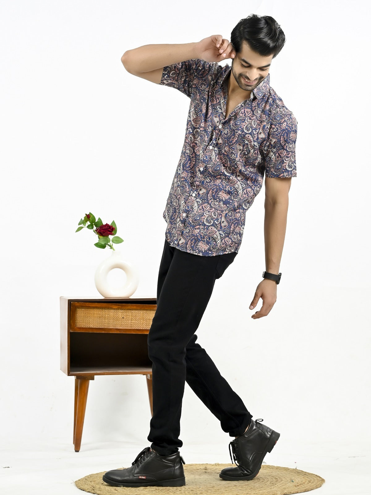 Mens Navy Blue Floral Printed Half Sleeve Crepe Shirt