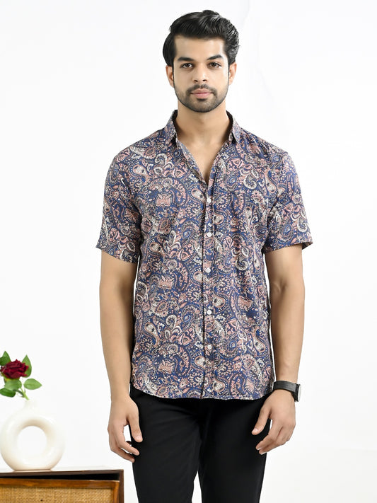 Mens Navy Blue Floral Printed Half Sleeve Crepe Shirt