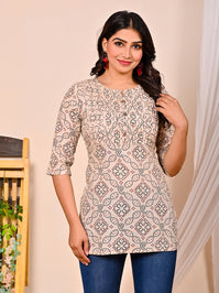 Womens Cream Bandhej Printed Short Kurti/Top