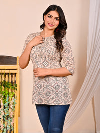 Womens Cream Bandhej Printed Short Kurti/Top