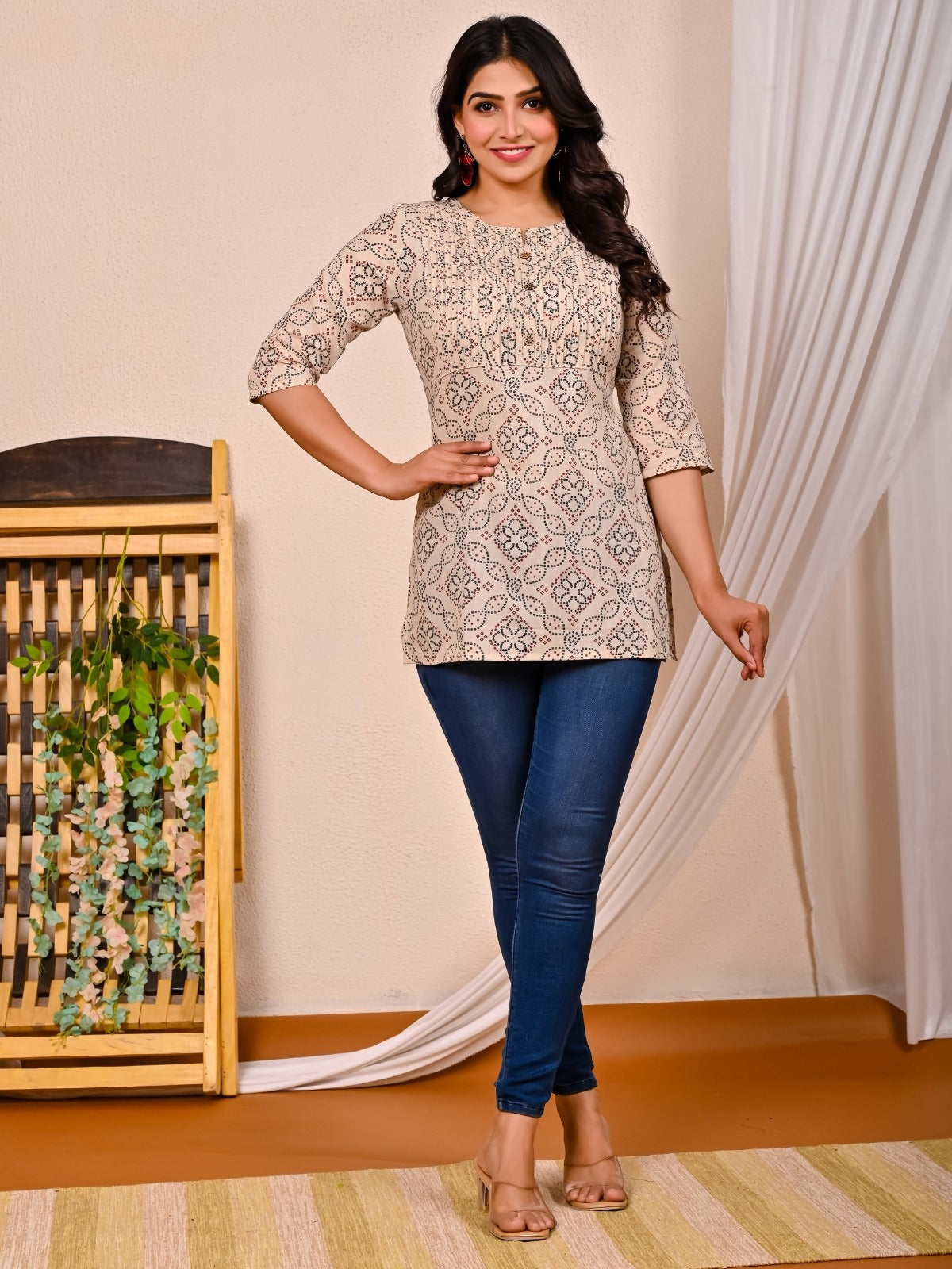 Womens Cream Bandhej Printed Short Kurti/Top