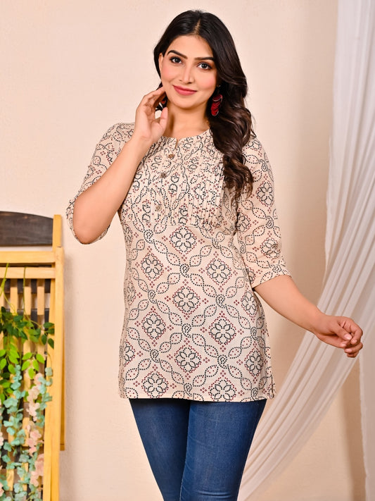 Womens Cream Bandhej Printed Short Kurti/Top