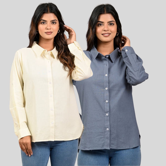 Women Cream And Grey Solid Airy Linen Cotton Shirts Combo