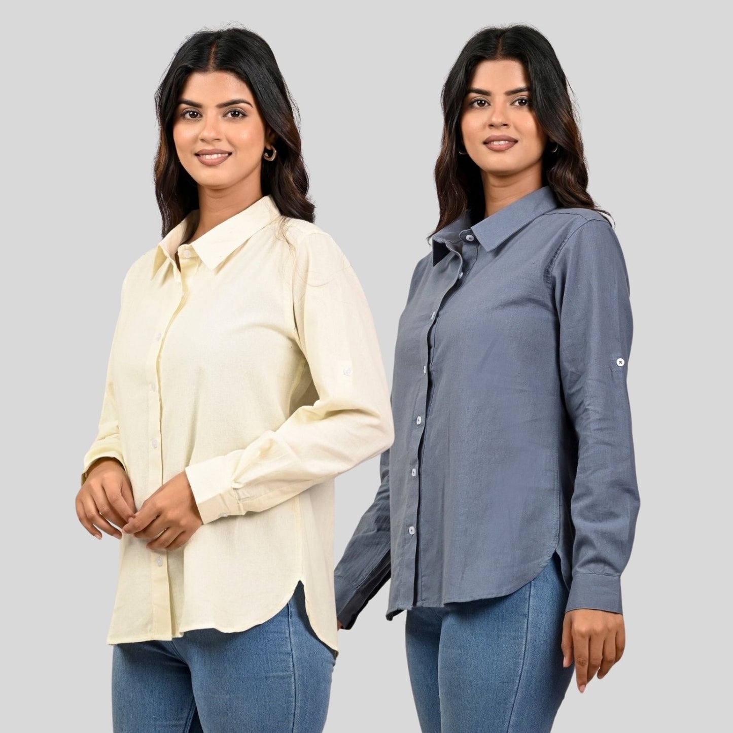 Women Cream And Grey Solid Airy Linen Cotton Shirts Combo