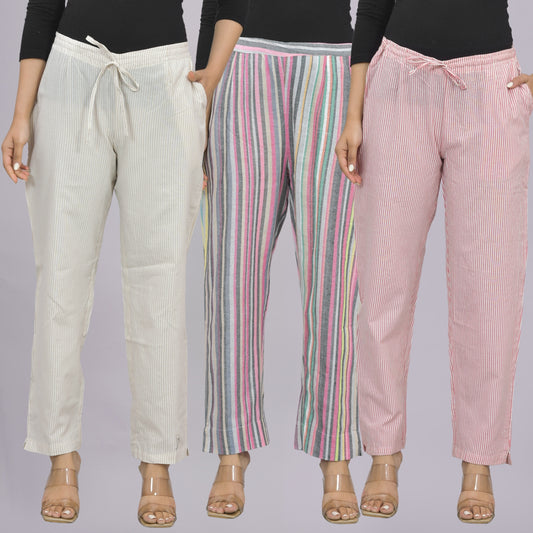 Pack Of 3 Womens Cream, Multicolor, Pink Cotton Stripe Trousers Combo