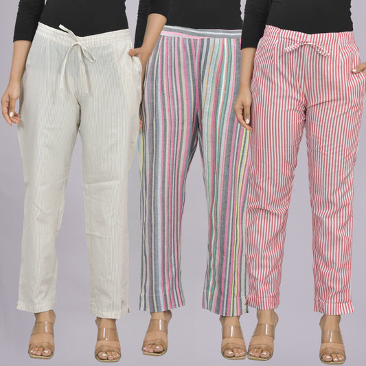 Pack Of 3 Womens Cream, Multicolor, Red Cotton Stripe Trousers Combo