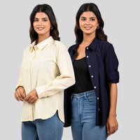 Women Cream And Navy Blue Solid Airy Linen Cotton Shirts Combo