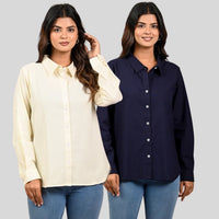 Women Cream And Navy Blue Solid Airy Linen Cotton Shirts Combo