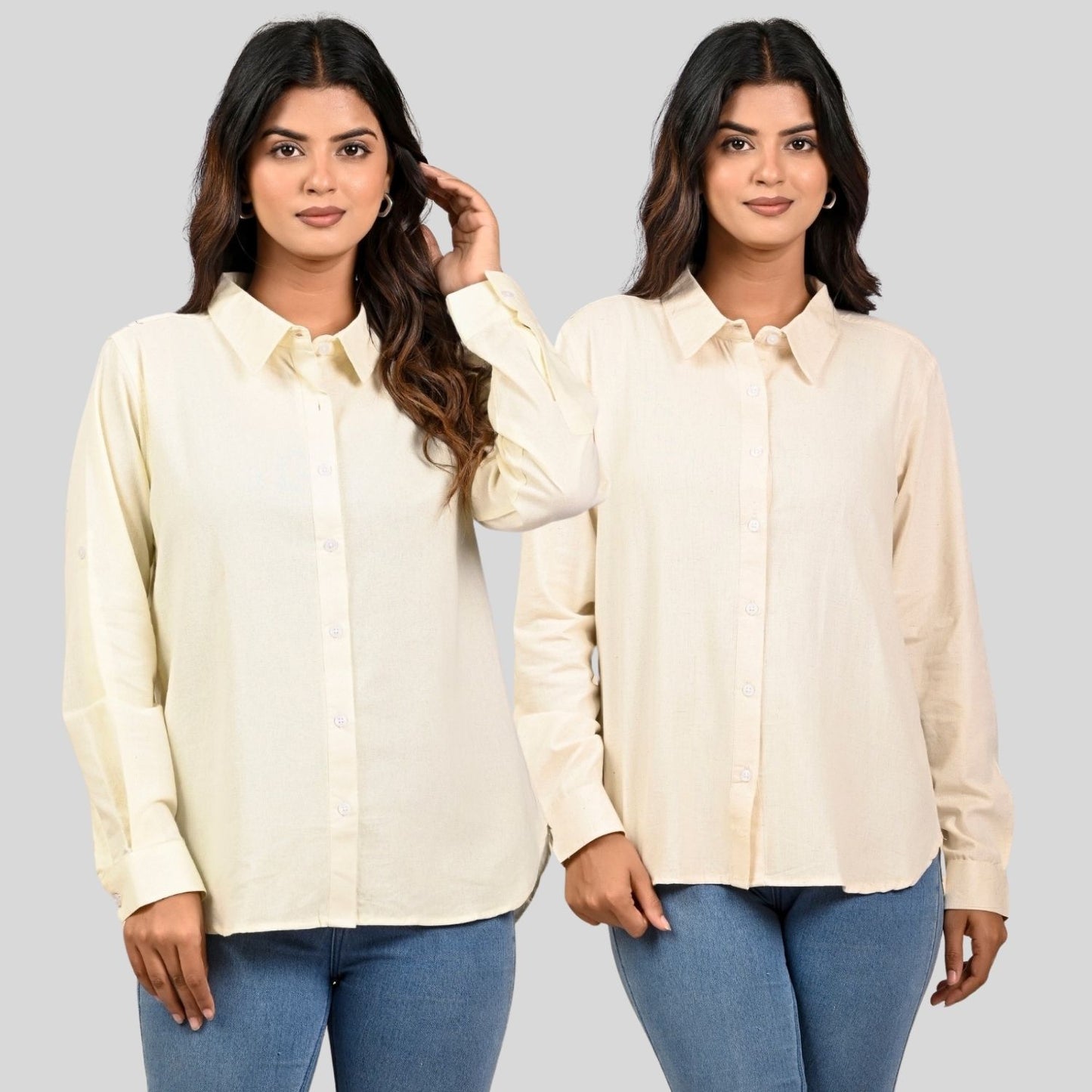 Women Cream And Off White Solid Airy Linen Cotton Shirts Combo