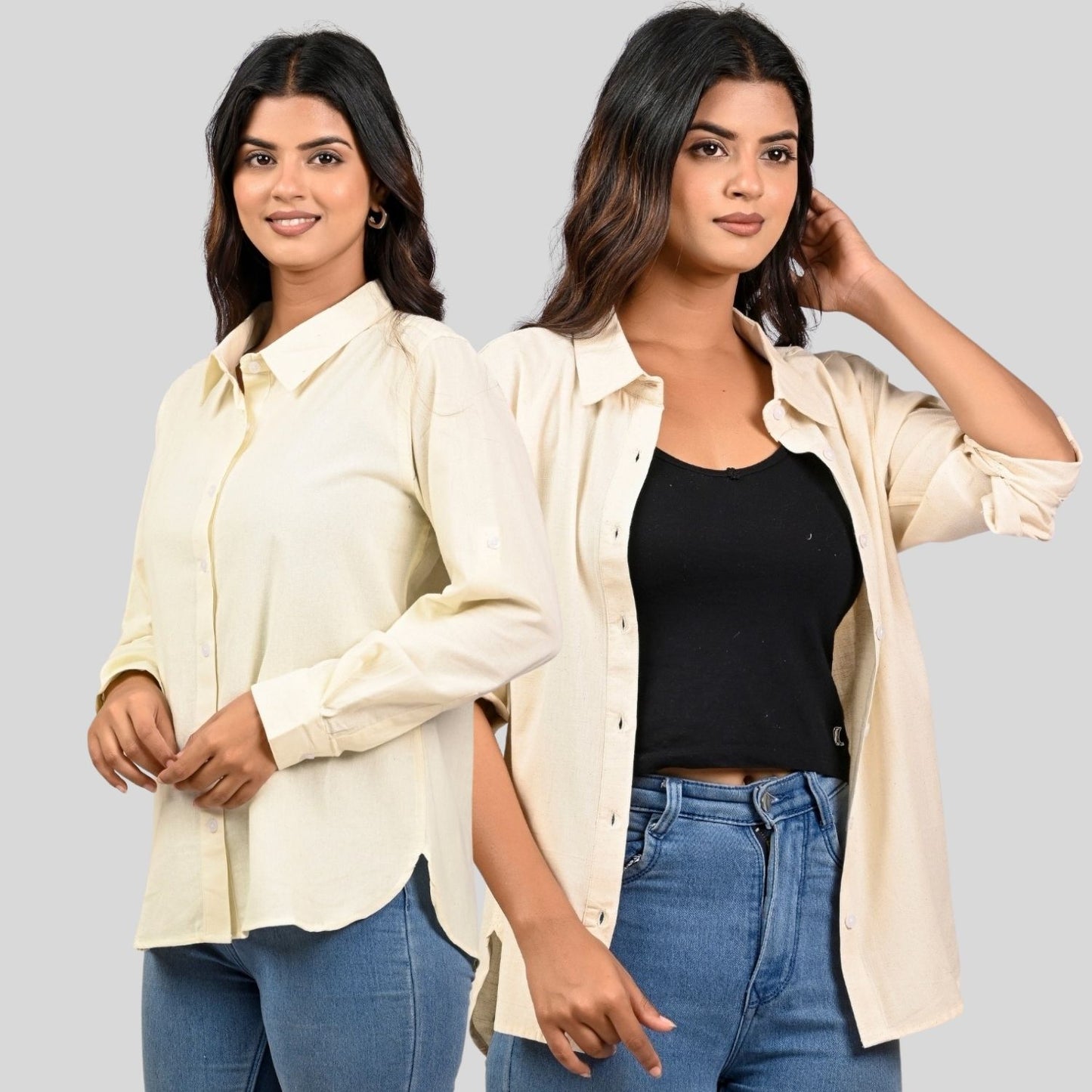 Women Cream And Off White Solid Airy Linen Cotton Shirts Combo