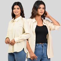 Women Cream And Off White Solid Airy Linen Cotton Shirts Combo