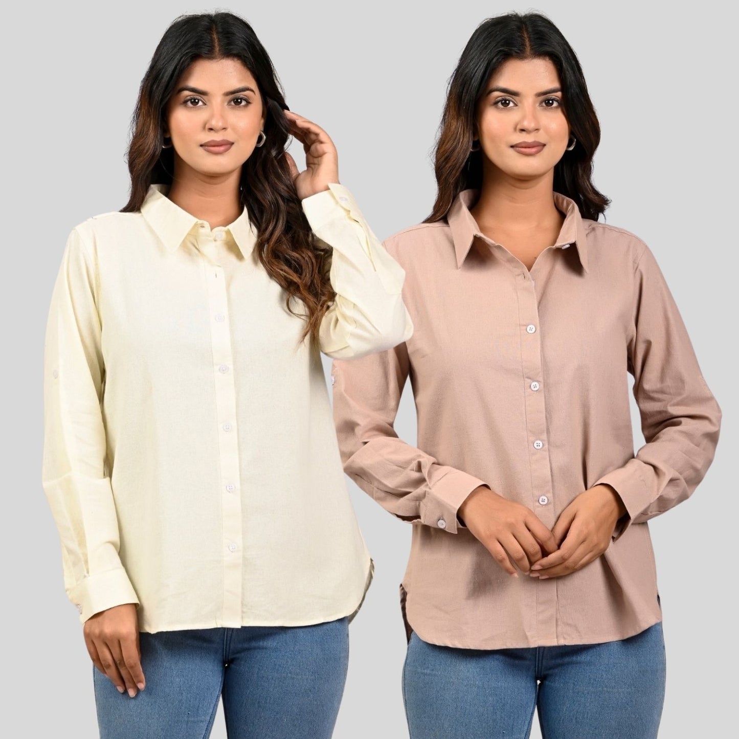 Women Cream And Peach Solid Airy Linen Cotton Shirts Combo