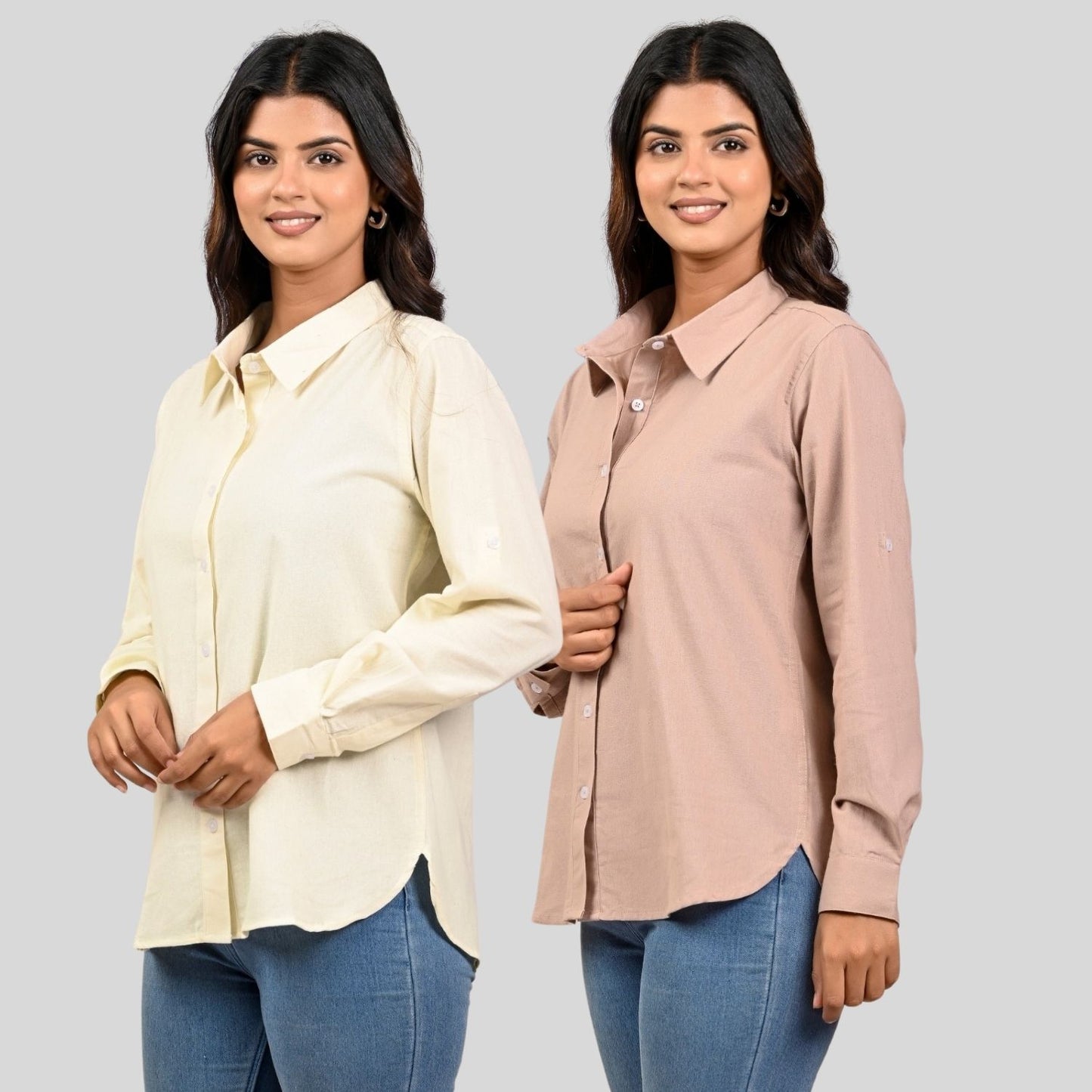 Women Cream And Peach Solid Airy Linen Cotton Shirts Combo