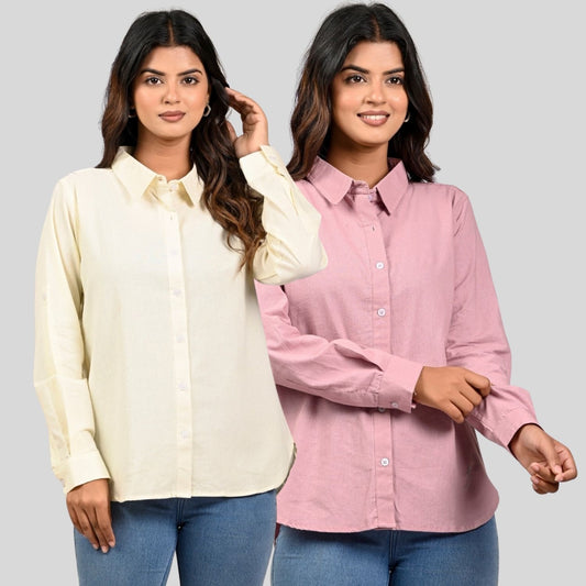 Women Cream And Pink Solid Airy Linen Cotton Shirts Combo