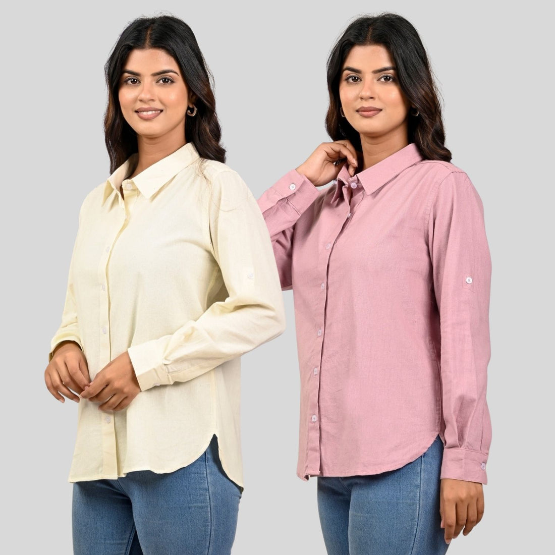 Women Cream And Pink Solid Airy Linen Cotton Shirts Combo
