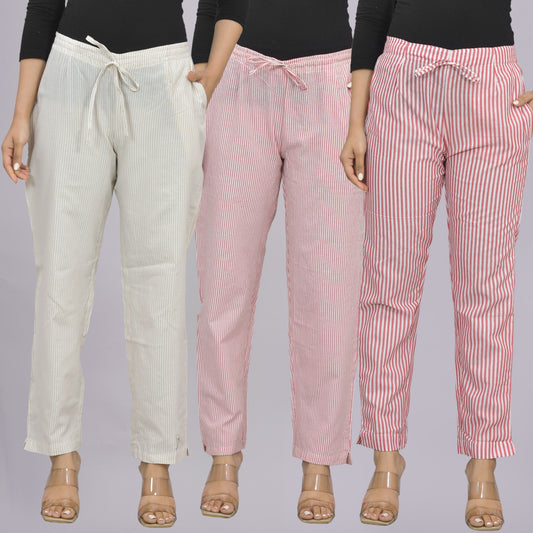 Pack Of 3 Womens Cream, Pink, Red Cotton Stripe Trousers Combo