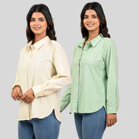 Women Cream And Pista Green Solid Airy Linen Cotton Shirts Combo