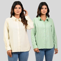 Women Cream And Pista Green Solid Airy Linen Cotton Shirts Combo