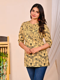 Womens Cream Printed Short Kurti/Top