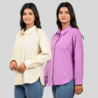 Women Cream And Purple Solid Airy Linen Cotton Shirts Combo