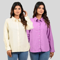 Women Cream And Purple Solid Airy Linen Cotton Shirts Combo