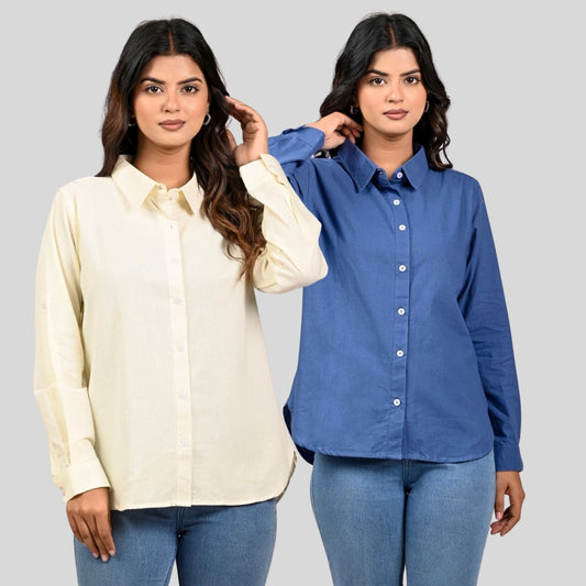 Women Cream And Teal Blue Solid Airy Linen Cotton Shirts Combo