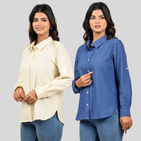 Women Cream And Teal Blue Solid Airy Linen Cotton Shirts Combo