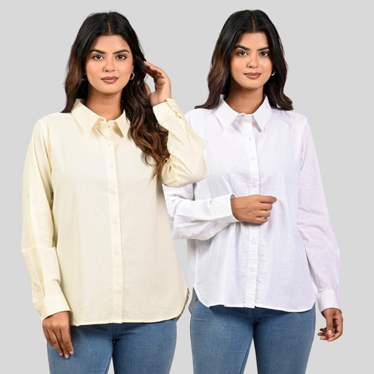 Women Cream And White Solid Airy Linen Cotton Shirts Combo