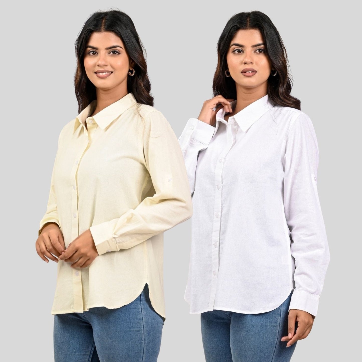 Women Cream And White Solid Airy Linen Cotton Shirts Combo