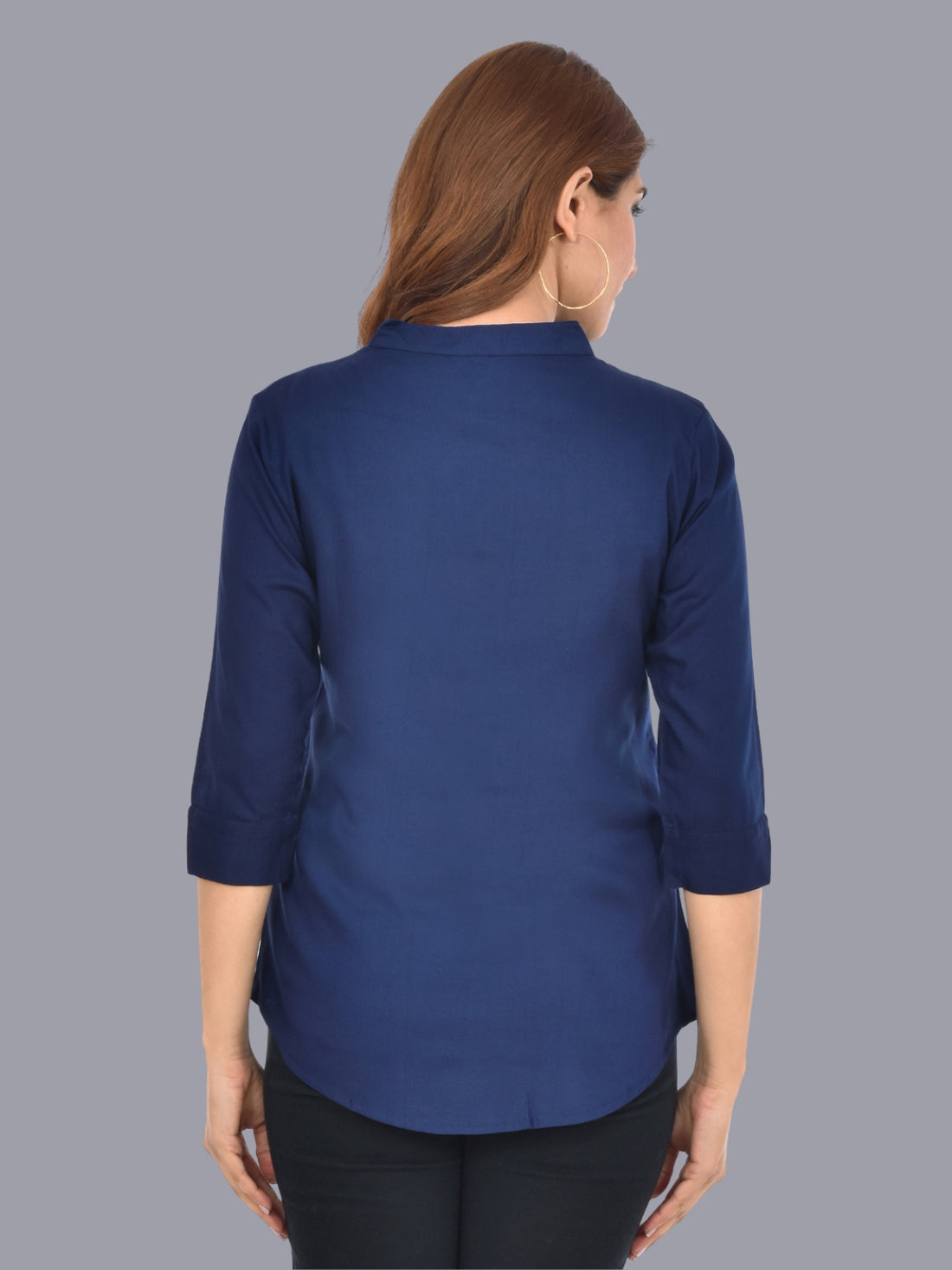 Womens Dark Blue Regular Fit Chinese Collar Rayon Shirt