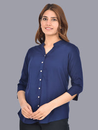 Womens Dark Blue Regular Fit Chinese Collar Rayon Shirt