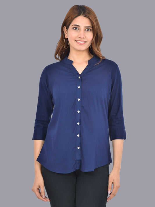 Womens Dark Blue Regular Fit Chinese Collar Rayon Shirt