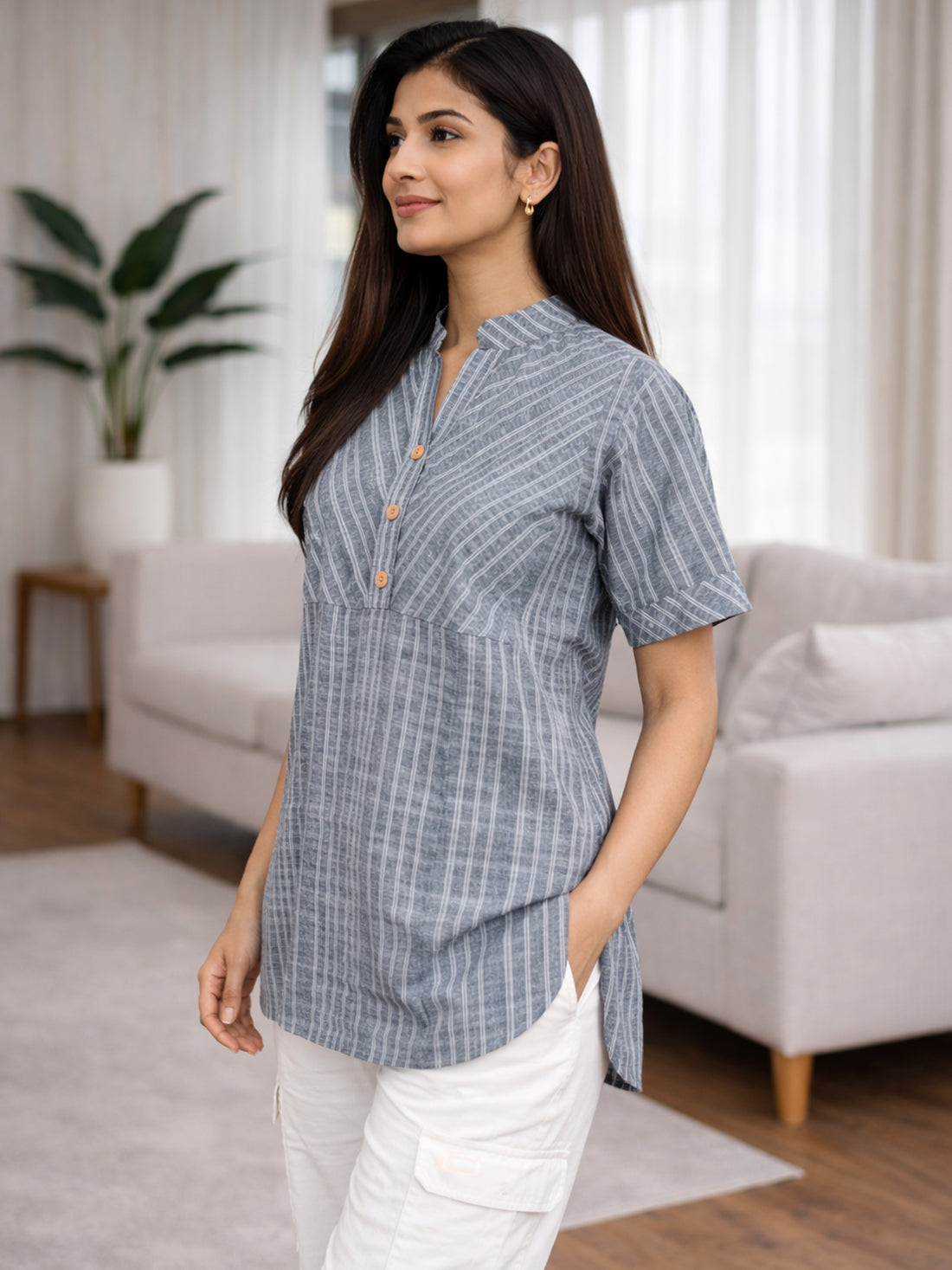 Women’s Dark Grey Stripe Yoke Top