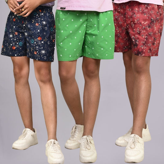 Pack Of 3 Mens Dark Blue, Green And Maroon Cotton Shorts Combo